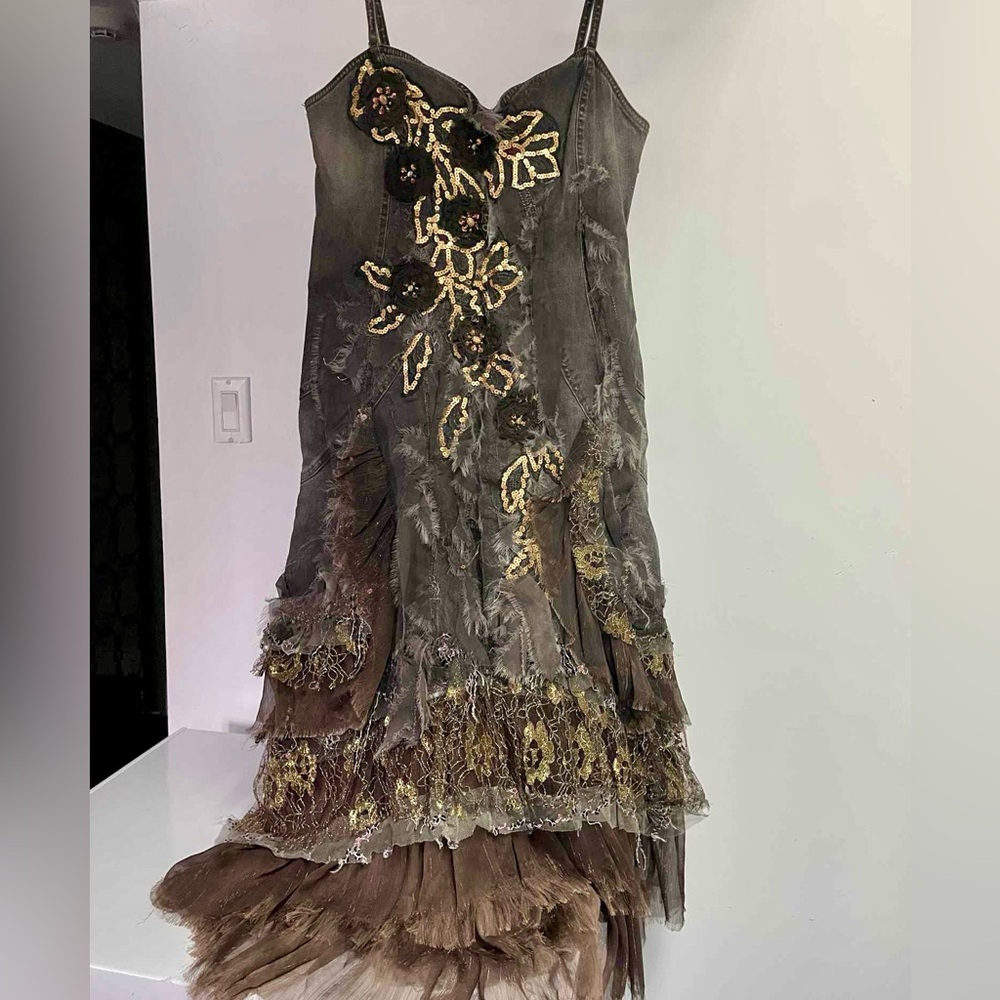 Denim dress with gold sequins, flower and lace details